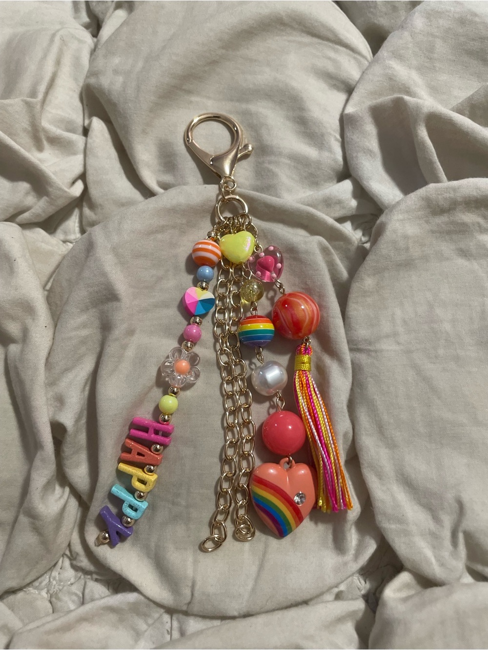Free People Rainbow Beaded "HAPPY" Tassel Bag Charm